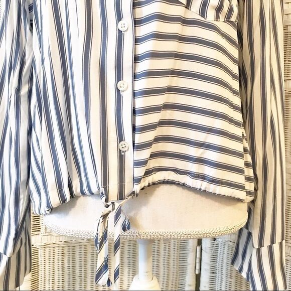 Hiatus White Blue Stripe Cropped Tie Front Blouse - Picture 5 of 8